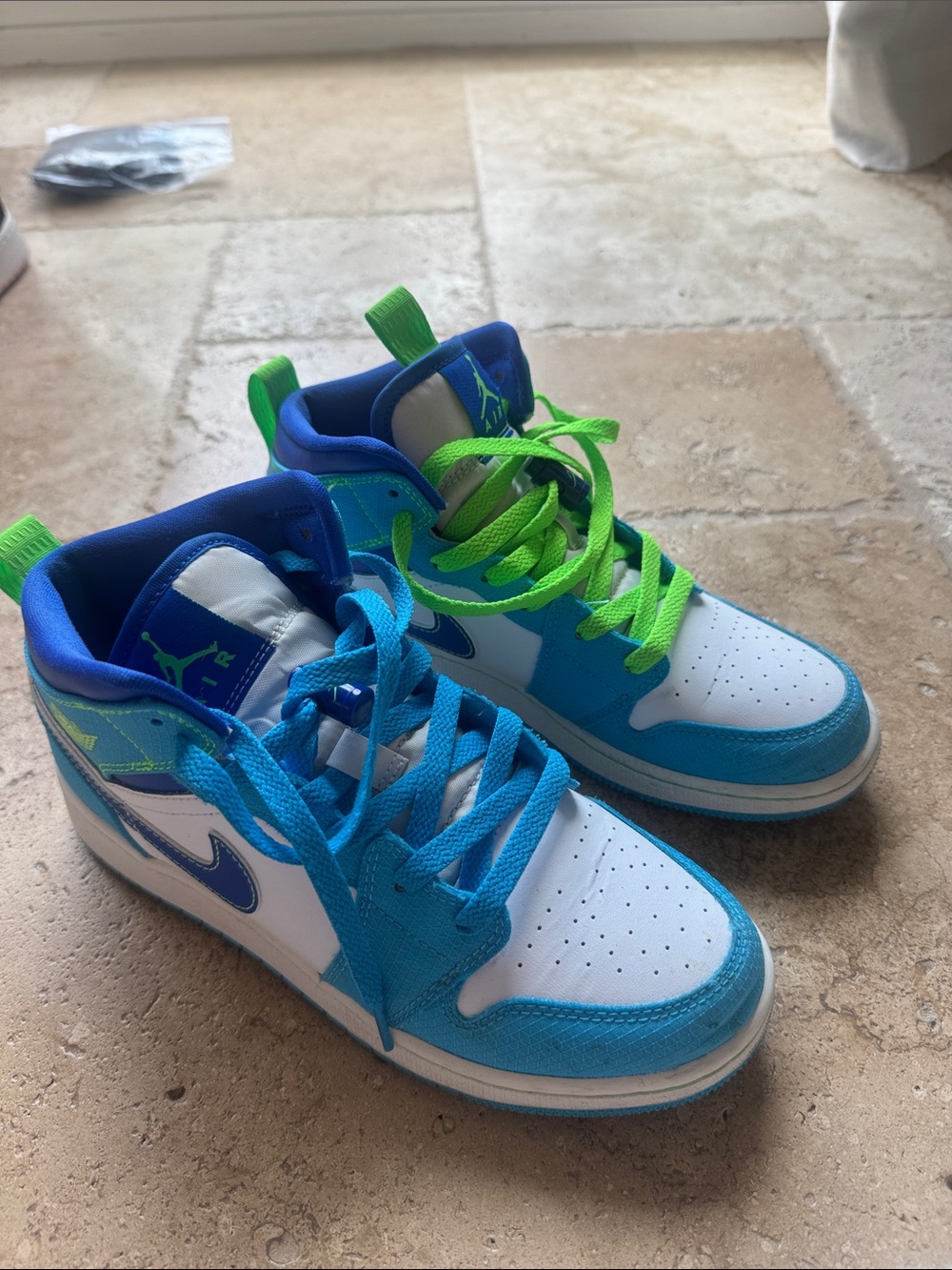 Jordan Kids' Mid-Top Sneakers in White, Blue & Neon Green
